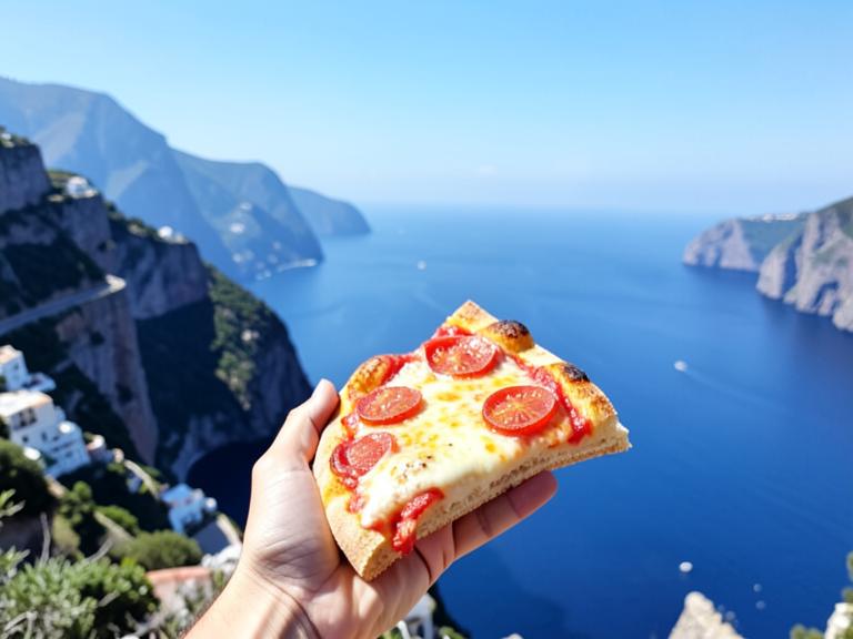 Uma fatia de pizza na Costa Amalfitana
